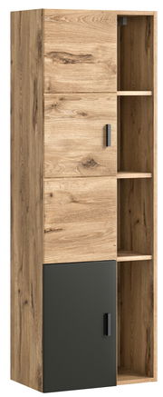 Midischrank aus Holz mit zwei Türen, eine in Holzoptik und eine in Schwarz, seitliche Perspektive