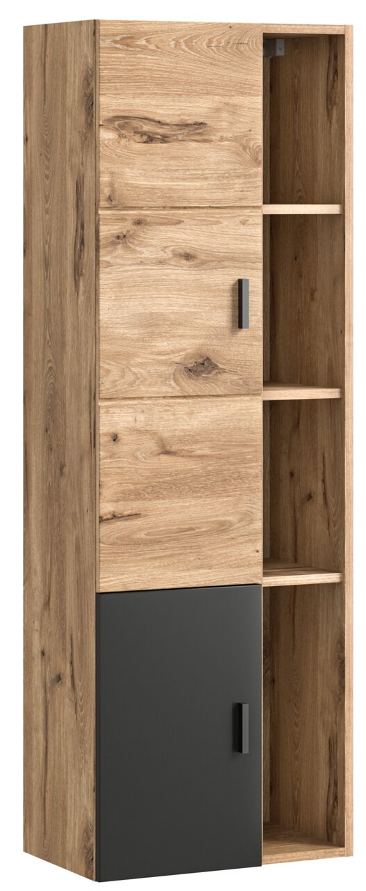 MID.YOU Midischrank GRADO Midischrank aus Holz mit zwei Türen, eine in Holzoptik und eine in Schwarz, seitliche Perspektive