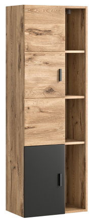 Midischrank aus Holz mit zwei Türen, eine in Holzoptik und eine in Schwarz, seitliche Perspektive