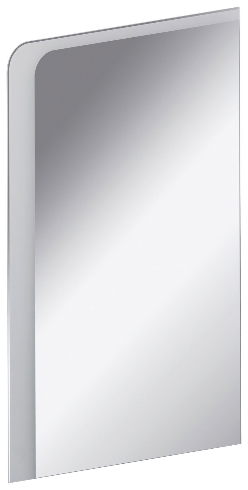 Rechteckiges Spiegelelement mit abgerundeter Ecke, seitliche Perspektive