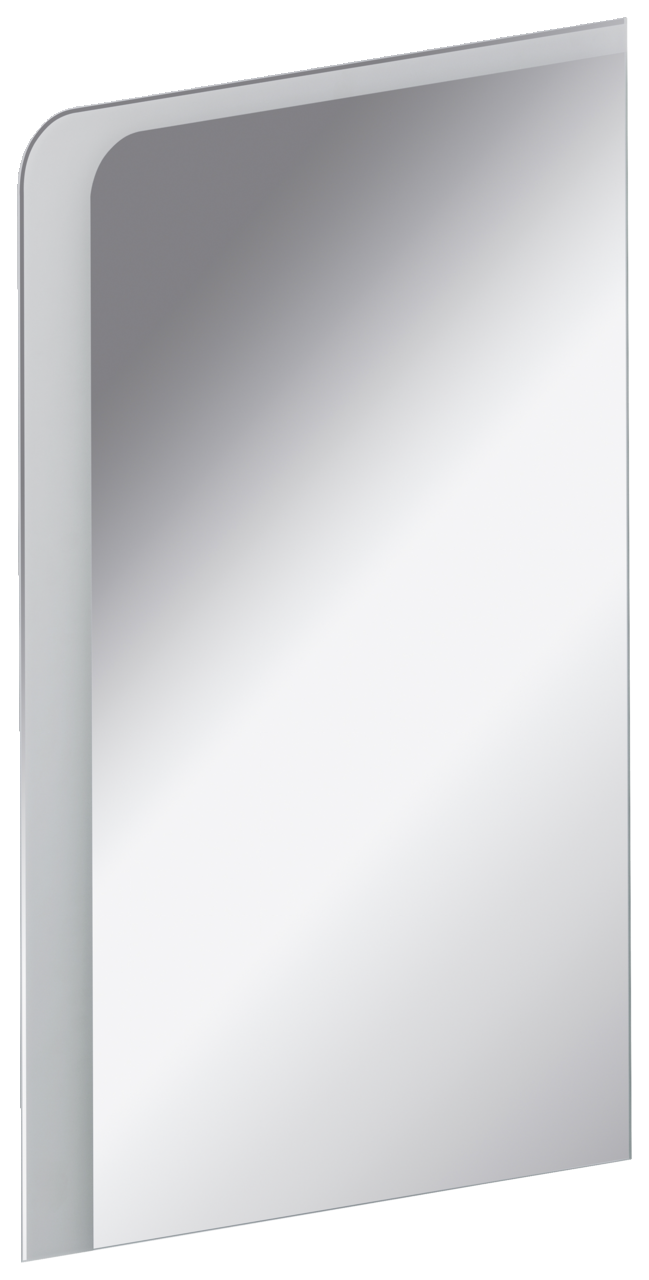 Rechteckiges Spiegelelement mit abgerundeter Ecke, seitliche Perspektive