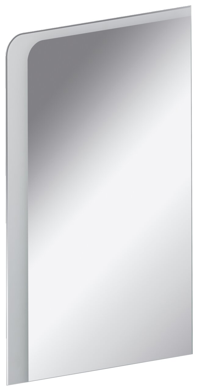 Rechteckiges Spiegelelement mit abgerundeter Ecke, seitliche Perspektive