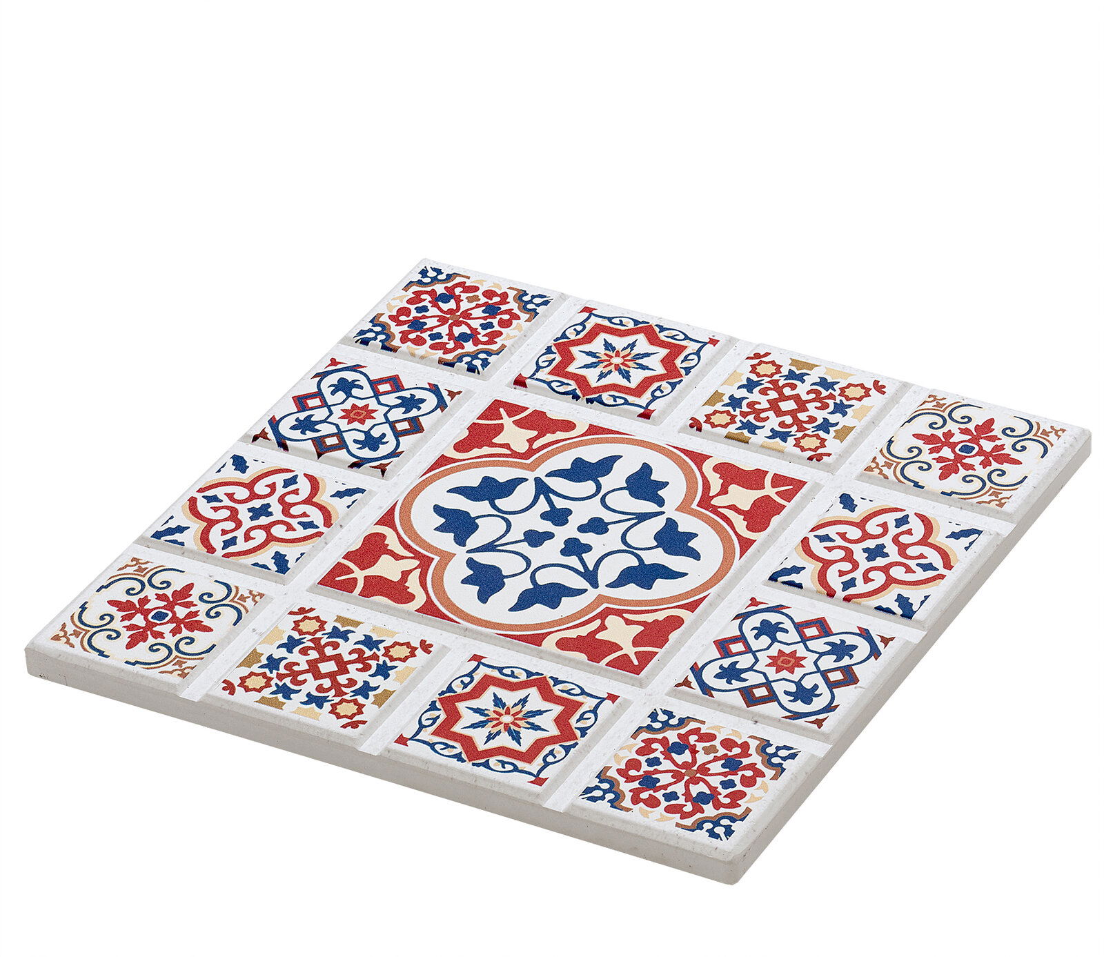 Zassenhaus Untersetzer AGADIR Untersetzer AGADIR Blume mit buntem Mosaikmuster in Rot, Blau und Weiß, aus schräger Perspektive fotografiert.