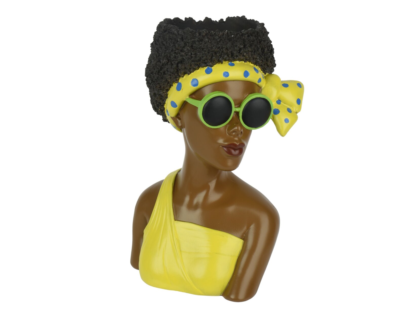 Decoris Vaas Bunte Deko-Büste einer Frau mit gelbem gepunktetem Haarband, grüner Sonnenbrille und gelbem Oberteil, mit schwarzer lockiger Frisur; Ansicht schräg von vorne