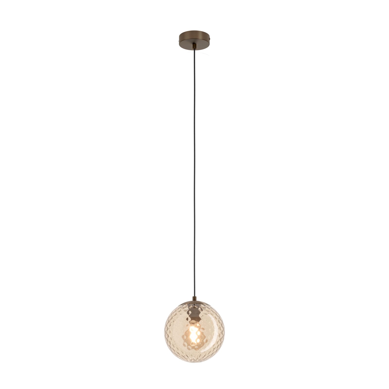 Novel Hängeleuchte KASTAV Moderne Pendelleuchte mit langem schwarzem Kabel, runder Deckenhalterung und kugelförmigem, strukturiertem Glas-Schirm mit sichtbarer Leuchtquelle, frontal in leichter Untersicht vor weißem Hintergrund