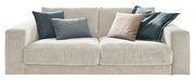 Zweisitzer-Sofa aus cremefarbenem Cordstoff mit vier Kissen in verschiedenen Farben, Frontalansicht