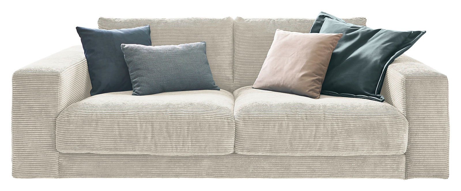 Zweisitzer-Sofa aus cremefarbenem Cordstoff mit vier Kissen in verschiedenen Farben, Frontalansicht
