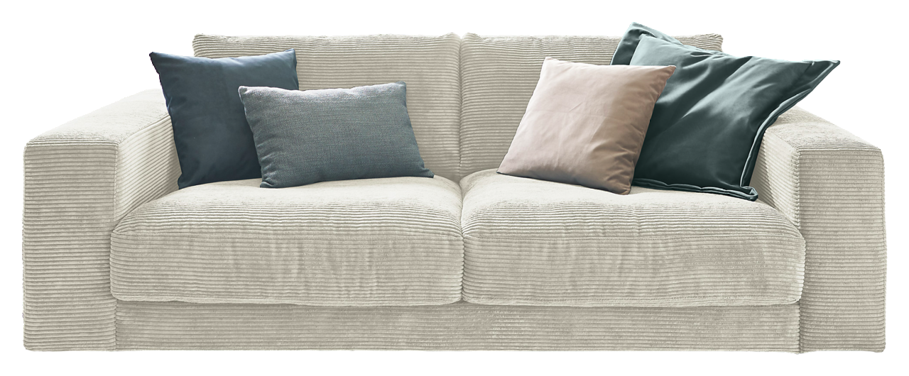 Lounge Handmade Sofa 2-Sitzer LH-SAMBIA Zweisitzer-Sofa aus cremefarbenem Cordstoff mit vier Kissen in verschiedenen Farben, Frontalansicht