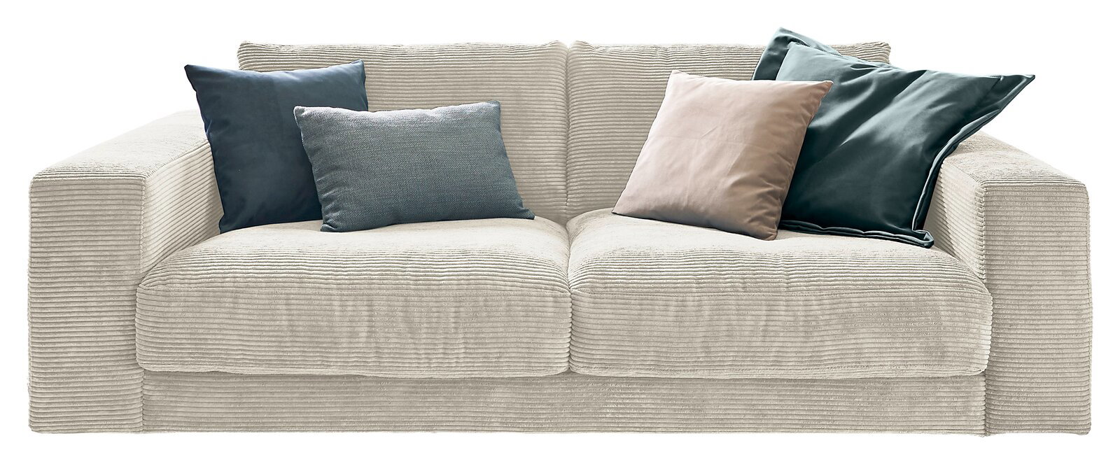 Zweisitzer-Sofa aus cremefarbenem Cordstoff mit vier Kissen in verschiedenen Farben, Frontalansicht