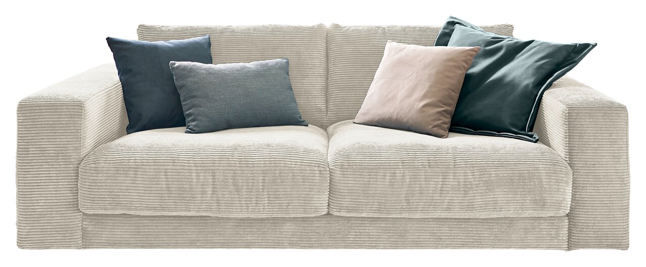 Zweisitzer-Sofa aus cremefarbenem Cordstoff mit vier Kissen in verschiedenen Farben, Frontalansicht