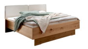 Futonbett aus Holz mit weißem Kopfteil, seitliche Perspektive