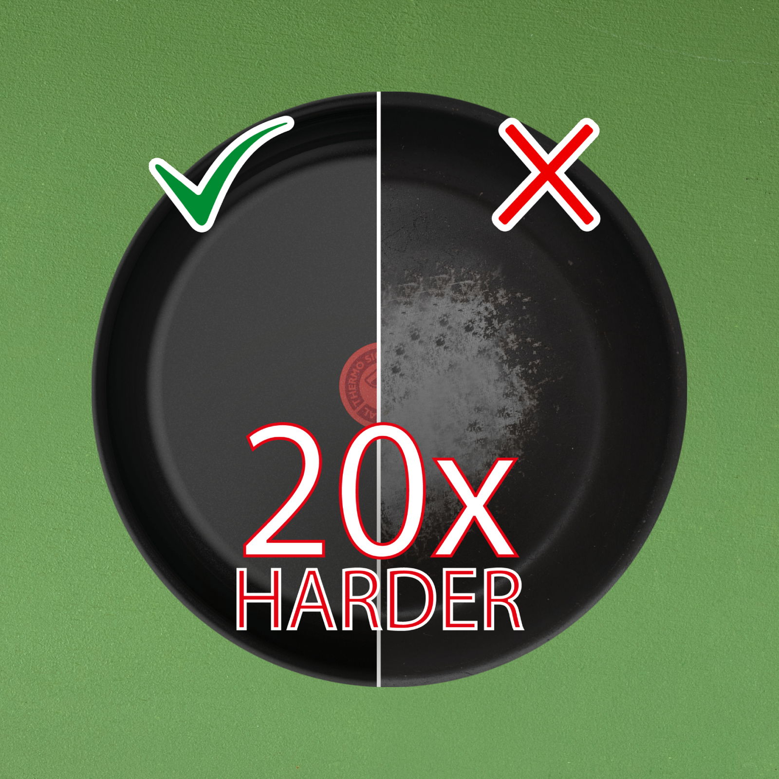 Keramik-Pfanne mit 24 cm Durchmesser, aus der Vogelperspektive gezeigt. Die linke Seite der Pfanne ist intakt und mit einem Häkchen markiert, während die rechte Seite abgenutzt ist und mit einem Kreuz markiert ist. Text '20x HARDER' in der Mitte.