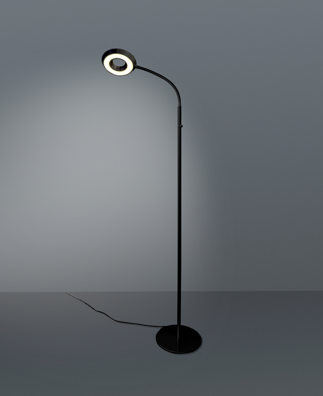 Moderne LED-Steh- und Leseleuchte in schwarzem Design, seitliche Perspektive