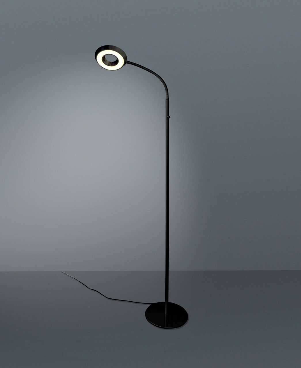 Moderne LED-Steh- und Leseleuchte in schwarzem Design, seitliche Perspektive