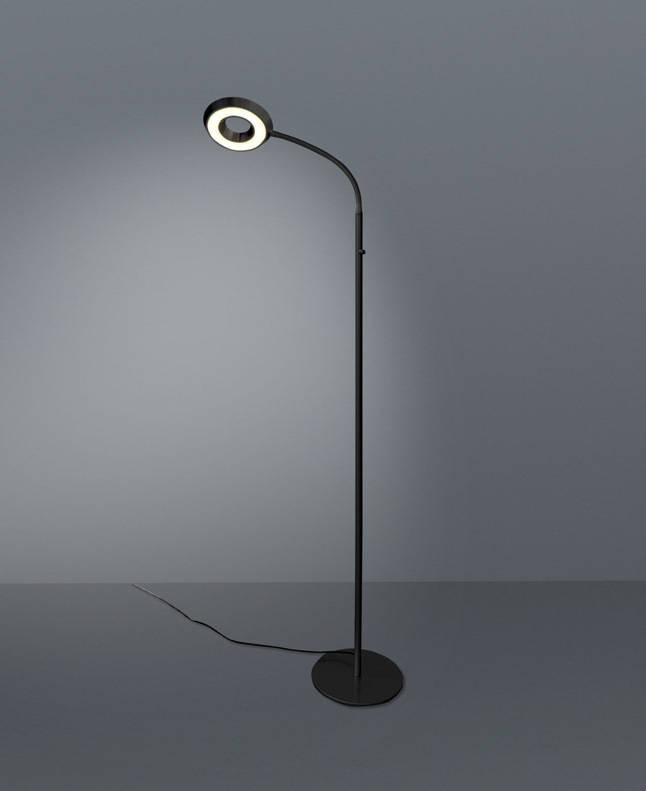 Moderne LED-Steh- und Leseleuchte in schwarzem Design, seitliche Perspektive