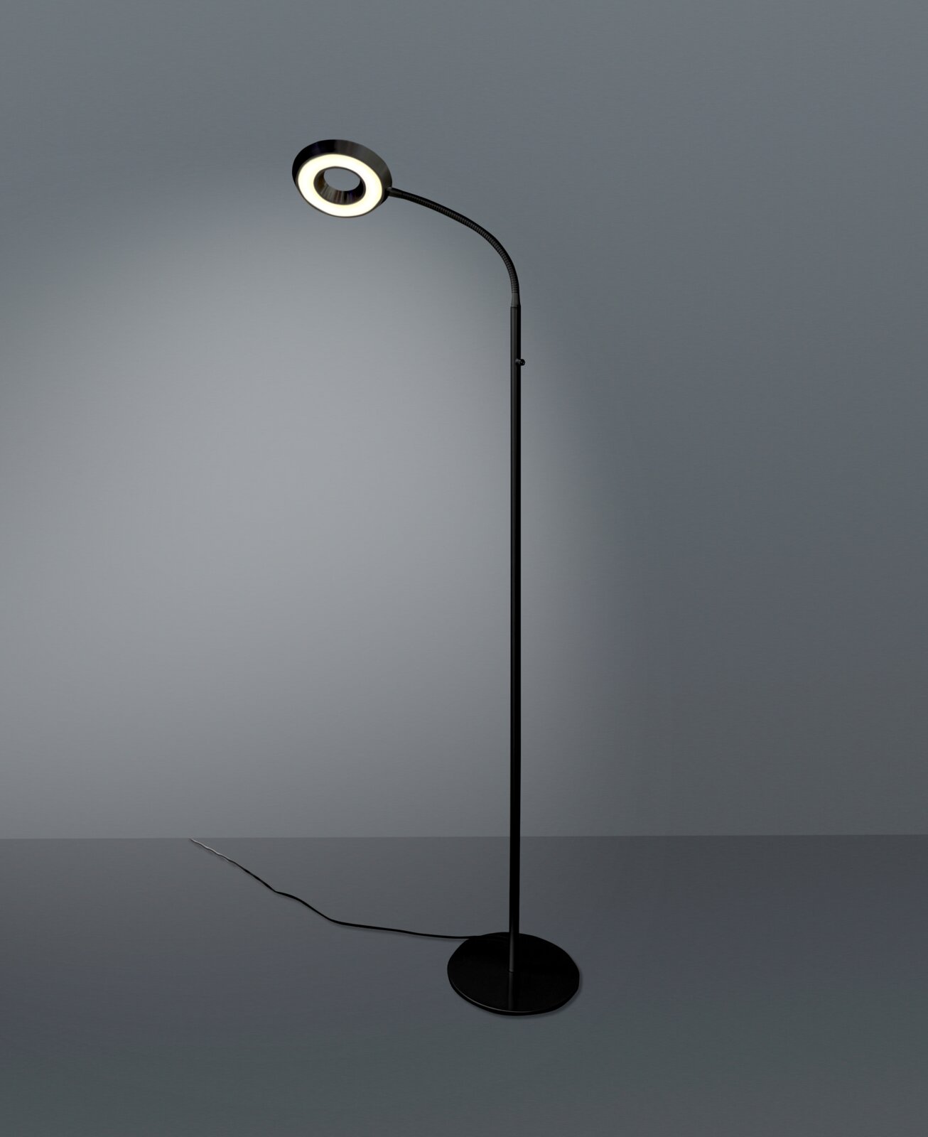 Moderne LED-Steh- und Leseleuchte in schwarzem Design, seitliche Perspektive
