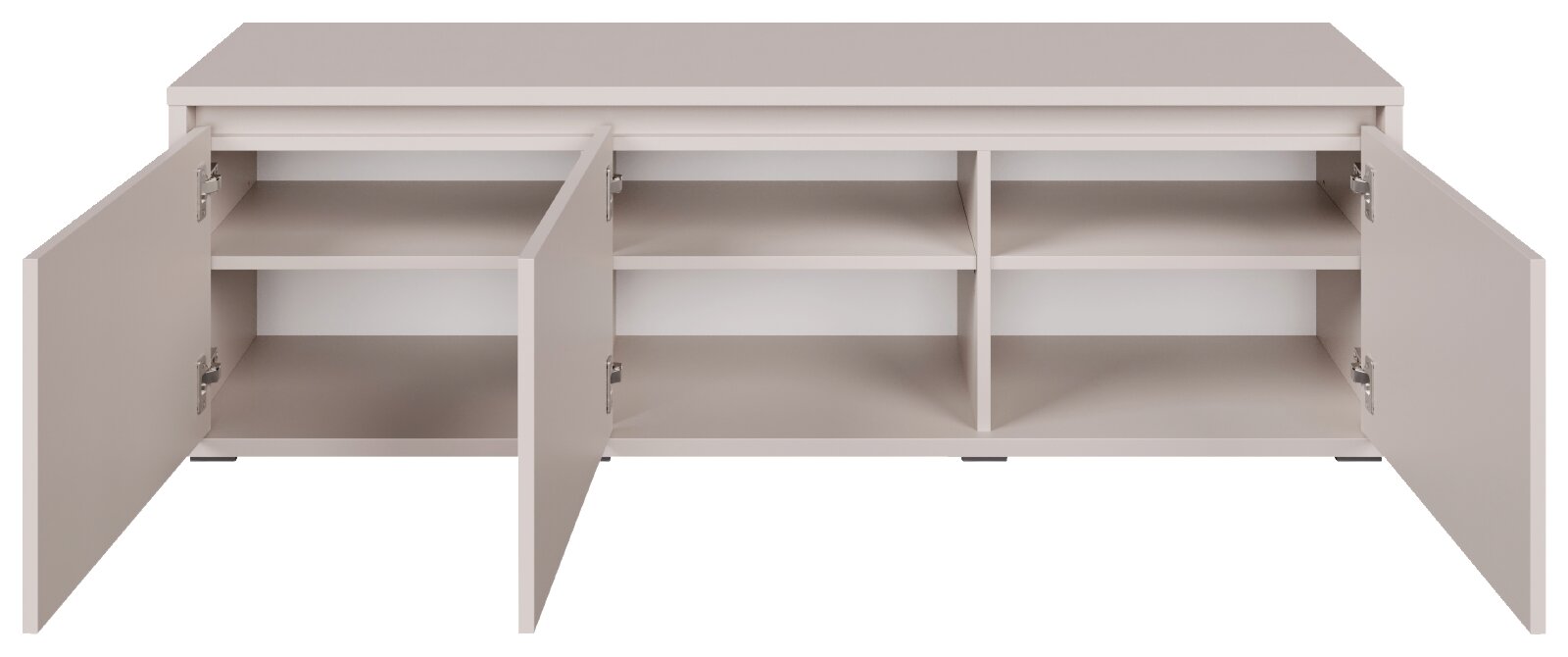 Lichtbeige laag dressoir met drie openstaande deuren en ruime vakken met legplanken, gezien schuin van voren en licht van boven