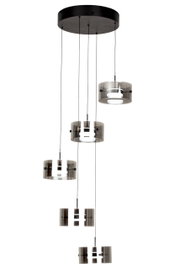 Moderne LED-hanglamp met meerdere cilindervormige lampenkappen in rookglaslook, gezien van onderaf.