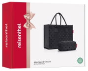 Schwarzes Shopper-Set mit glänzenden Punkten, bestehend aus einer großen Tasche und einem kleineren Etui, seitliche Perspektive.