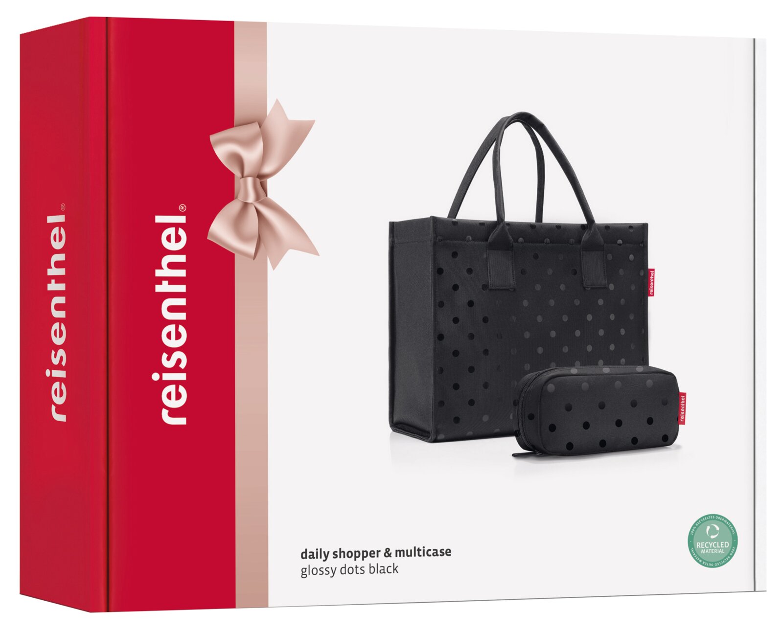 Schwarzes Shopper-Set mit glänzenden Punkten, bestehend aus einer großen Tasche und einem kleineren Etui, seitliche Perspektive.