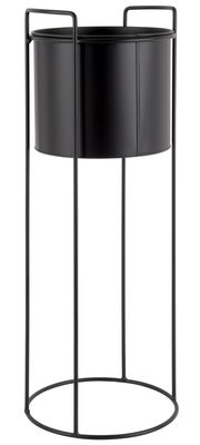 Schwarzer, hoher Pflanzkübel mit Metallgestell, seitliche Perspektive