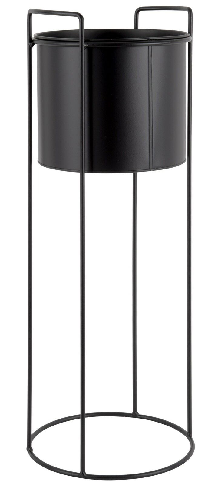 Schwarzer, hoher Pflanzkübel mit Metallgestell, seitliche Perspektive