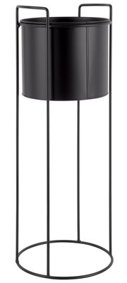 Schwarzer, hoher Pflanzkübel mit Metallgestell, seitliche Perspektive