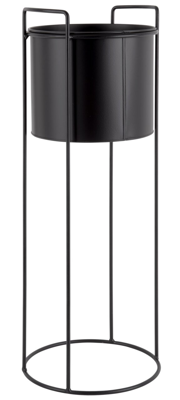 Schwarzer, hoher Pflanzkübel mit Metallgestell, seitliche Perspektive