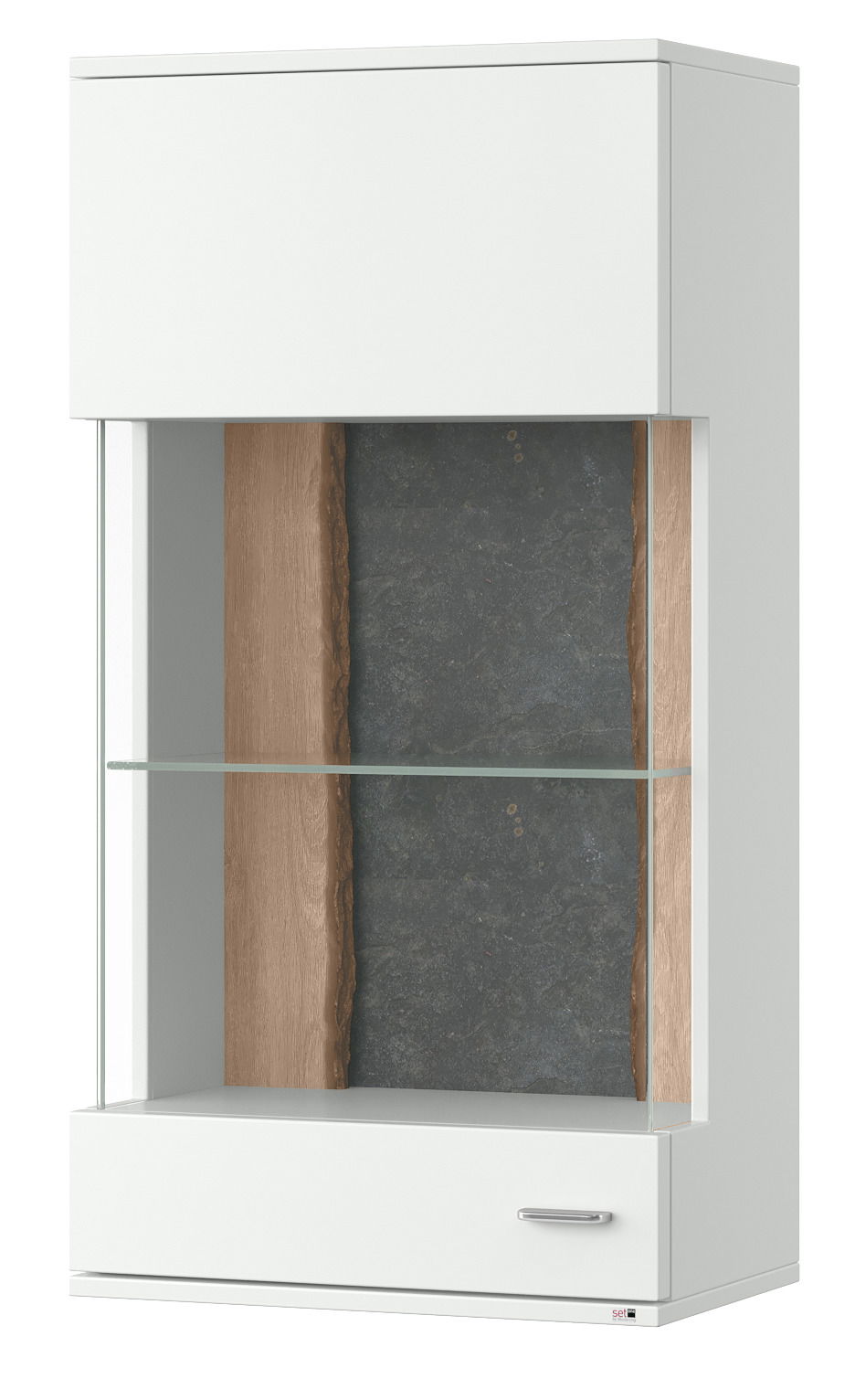 Hängevitrine in Weiß mit Glasfront und Holzelementen, Frontalansicht