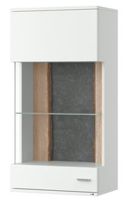 Hängevitrine in Weiß mit Glasfront und Holzelementen, Frontalansicht