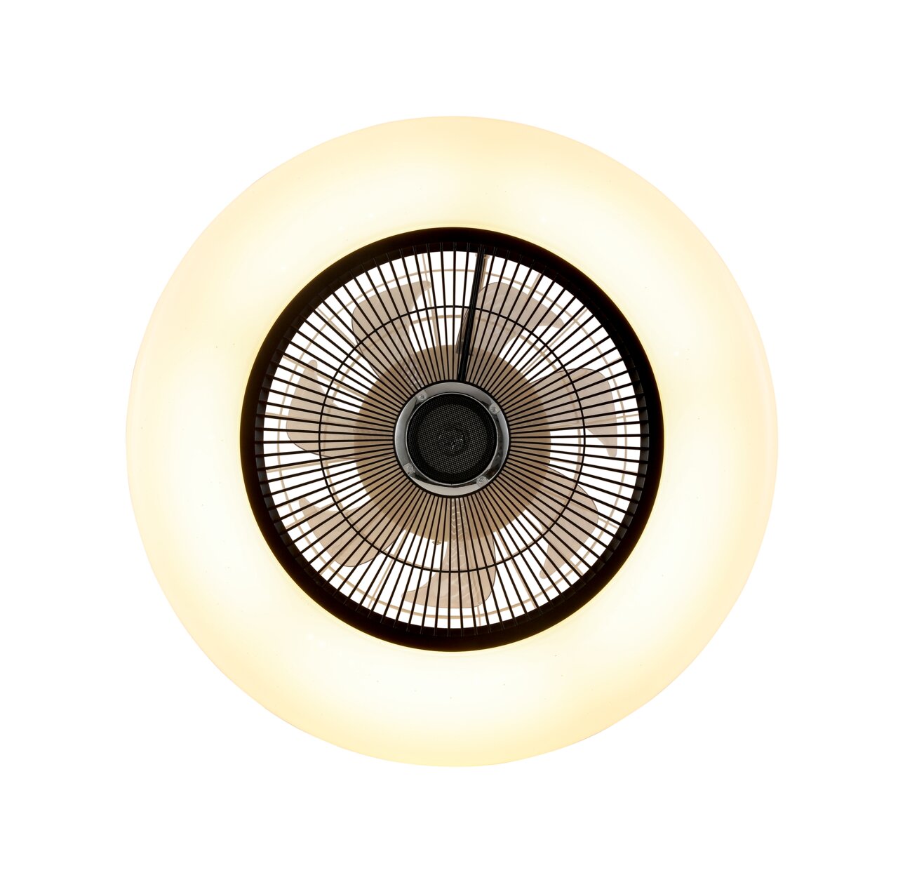 Plafondventilator met verlichting, gezien van onderaf