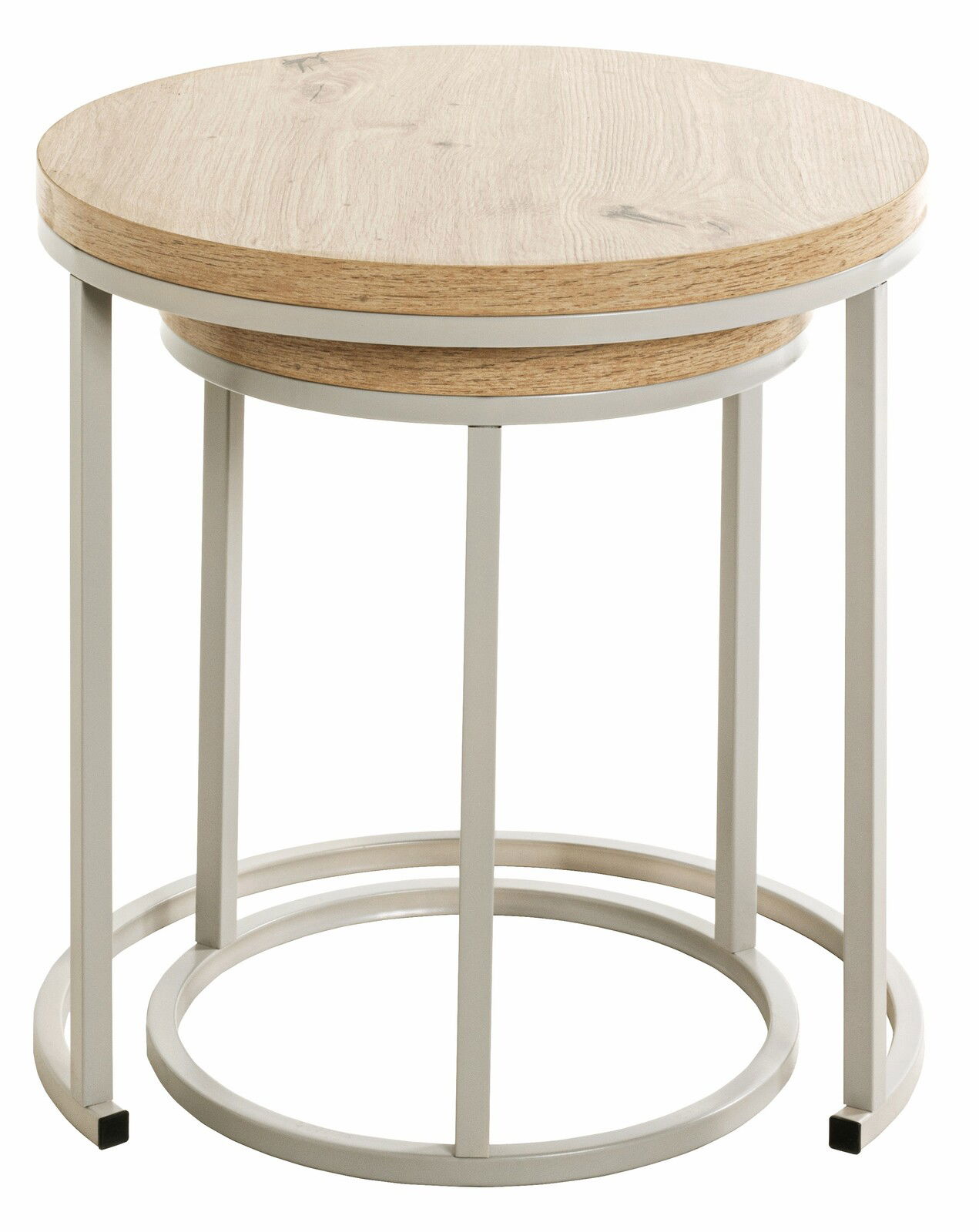 Runder Beistelltisch mit Holzplatte und Metallgestell, seitliche Perspektive