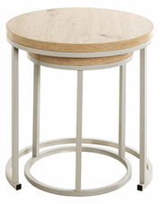 Runder Beistelltisch mit Holzplatte und Metallgestell, seitliche Perspektive