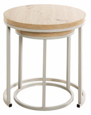 Ronde bijzettafel met houten blad en metalen onderstel, zijaanzicht