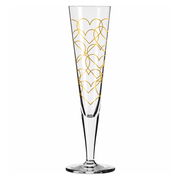 Champagnerglas mit goldenen Herzmustern, seitliche Perspektive