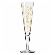Champagnerglas mit goldenen Herzmustern, seitliche Perspektive