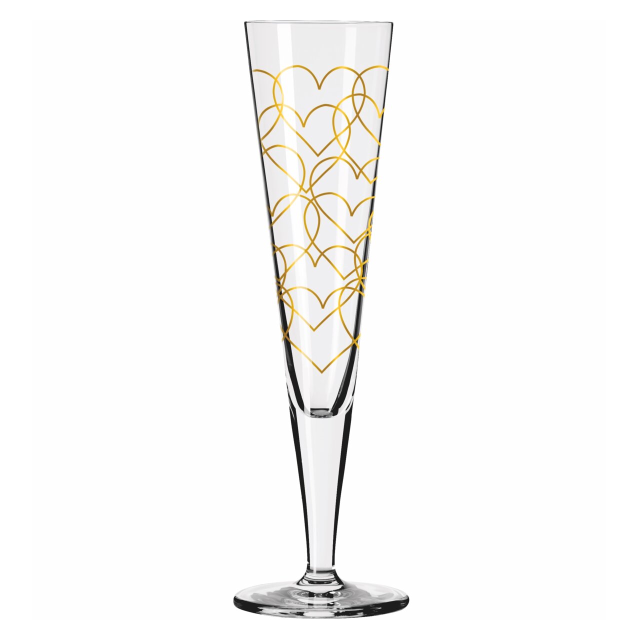 Champagnerglas mit goldenen Herzmustern, seitliche Perspektive