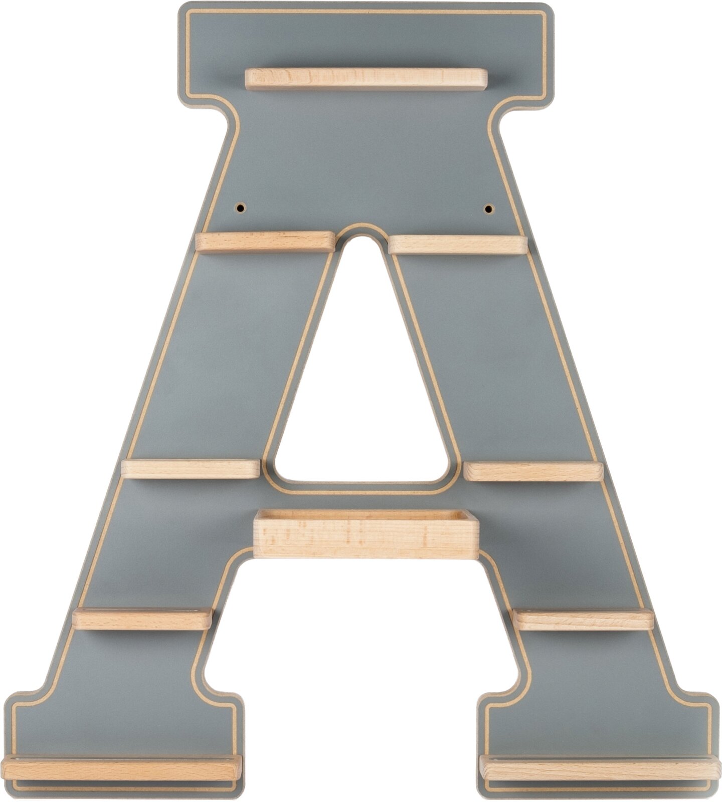 Graues Wandregal in Form des Buchstabens A mit mehreren kleinen Holzablagen, frontale Ansicht.