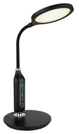 Moderne schwarze Tischleuchte FRUGGY mit rundem Lampenschirm und Touch-Bedienfeld, seitliche Perspektive