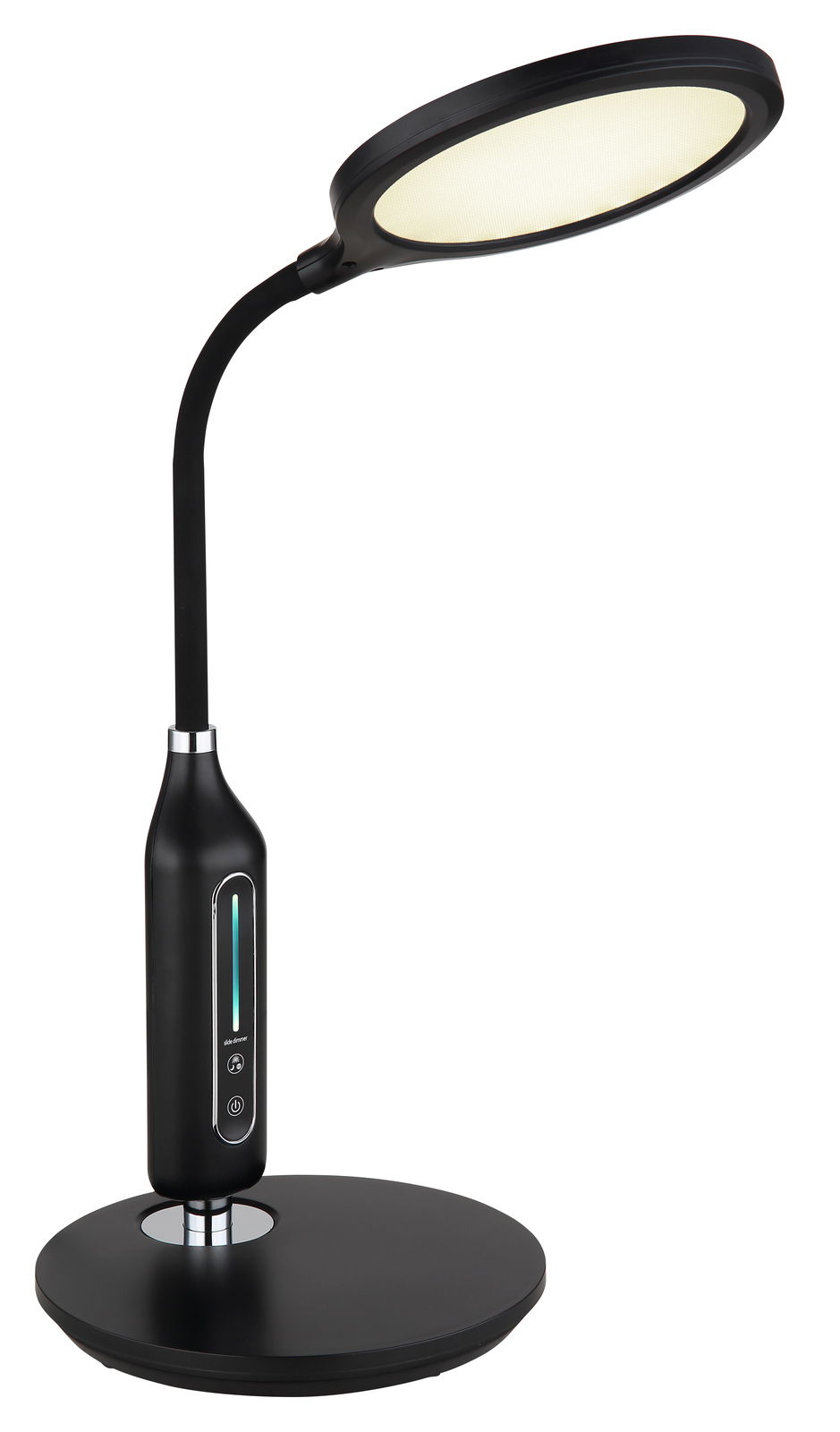 Moderne schwarze Tischleuchte FRUGGY mit rundem Lampenschirm und Touch-Bedienfeld, seitliche Perspektive
