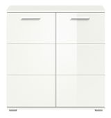 Weiße Kommode mit zwei Türen und modernen Griffen, frontale Ansicht