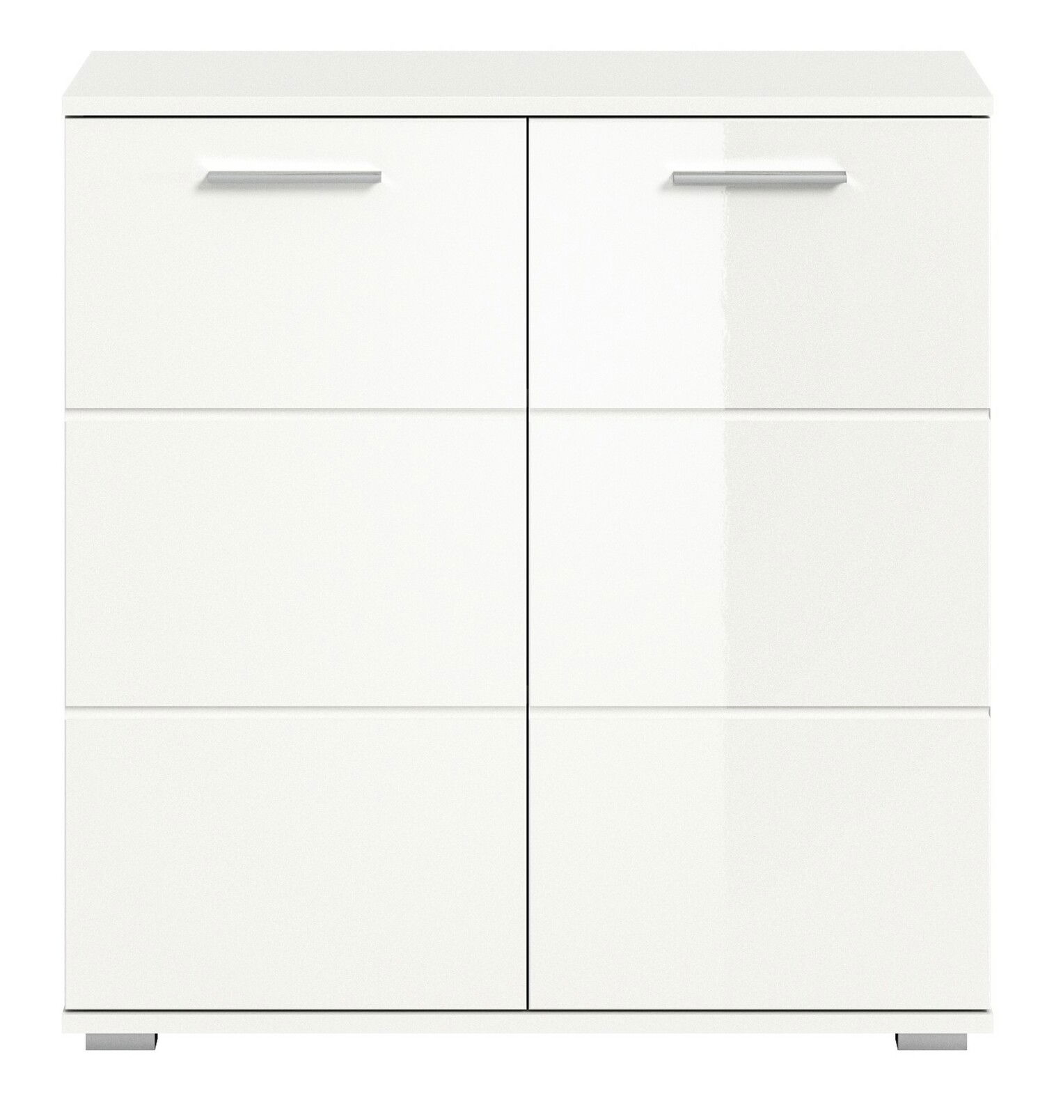 Weiße Kommode mit zwei Türen und modernen Griffen, frontale Ansicht