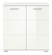 Weiße Kommode mit zwei Türen und modernen Griffen, frontale Ansicht