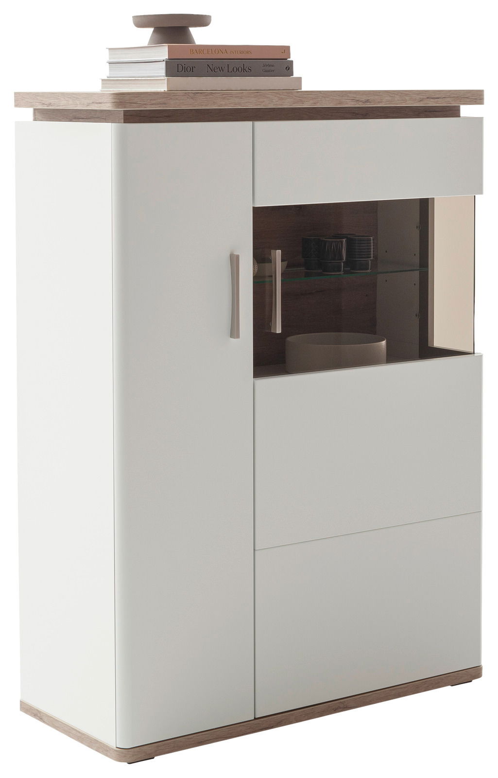 Weißes Highboard mit Holzdetails, seitliche Perspektive