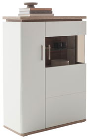 Weißes Highboard mit Holzdetails, seitliche Perspektive