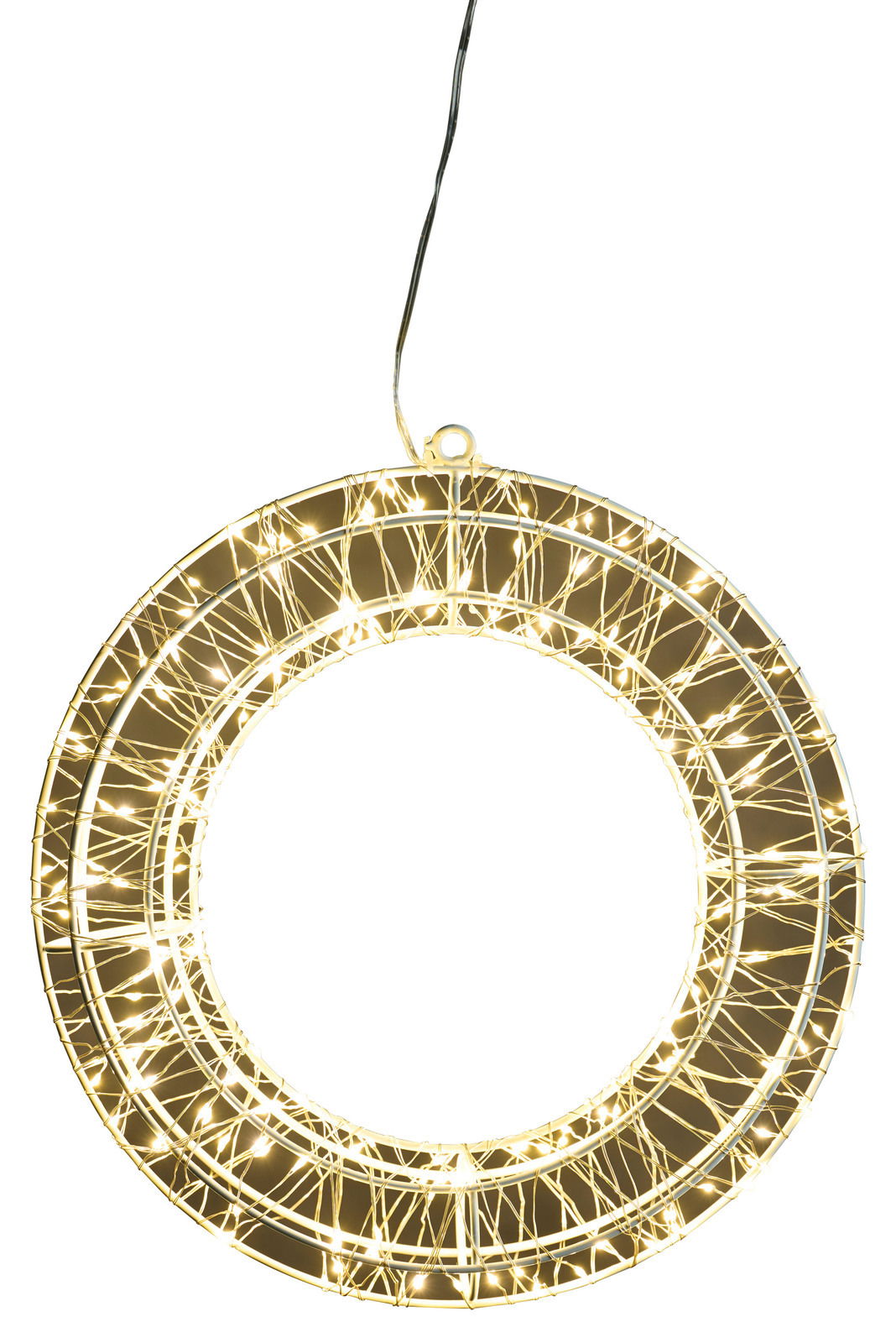 LED-Kranz mit einem Durchmesser von 30 cm, beleuchtet mit warmweißen Lichtern, aus der Vorderansicht.