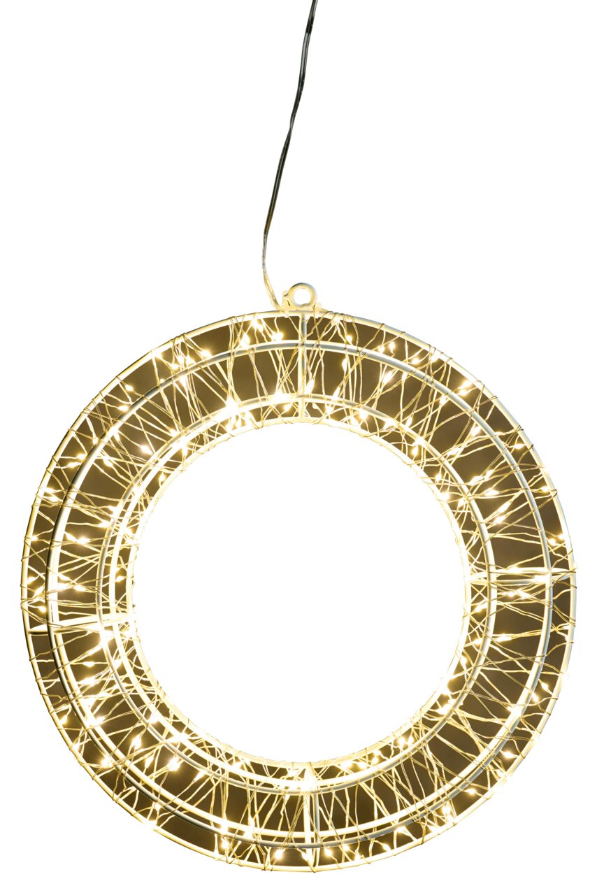 LED-krans met een diameter van 30 cm, verlicht met warmwitte lampjes, gezien van voren.