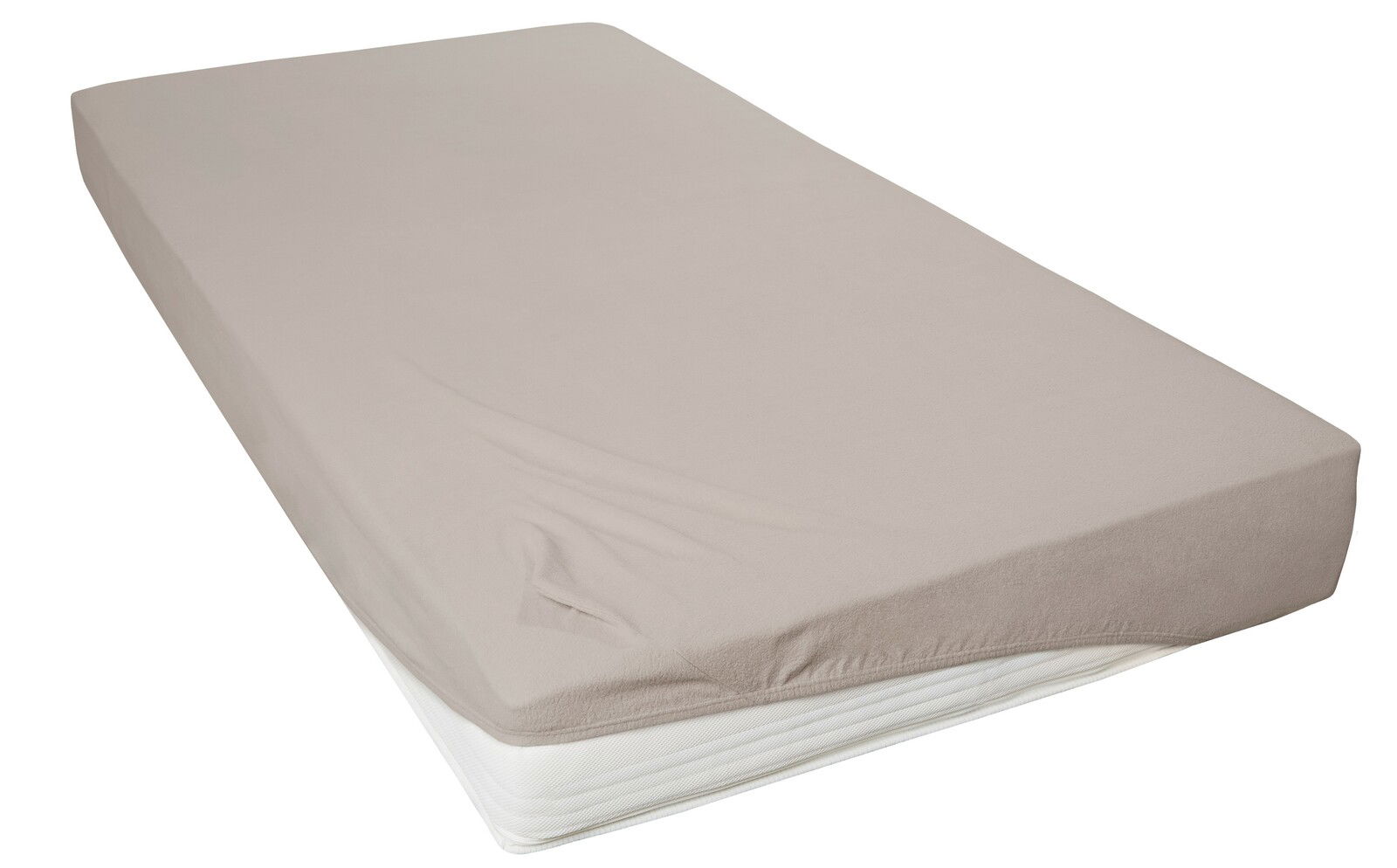 Beige Spannbetttuch 150x200cm auf Matratze, seitliche Perspektive
