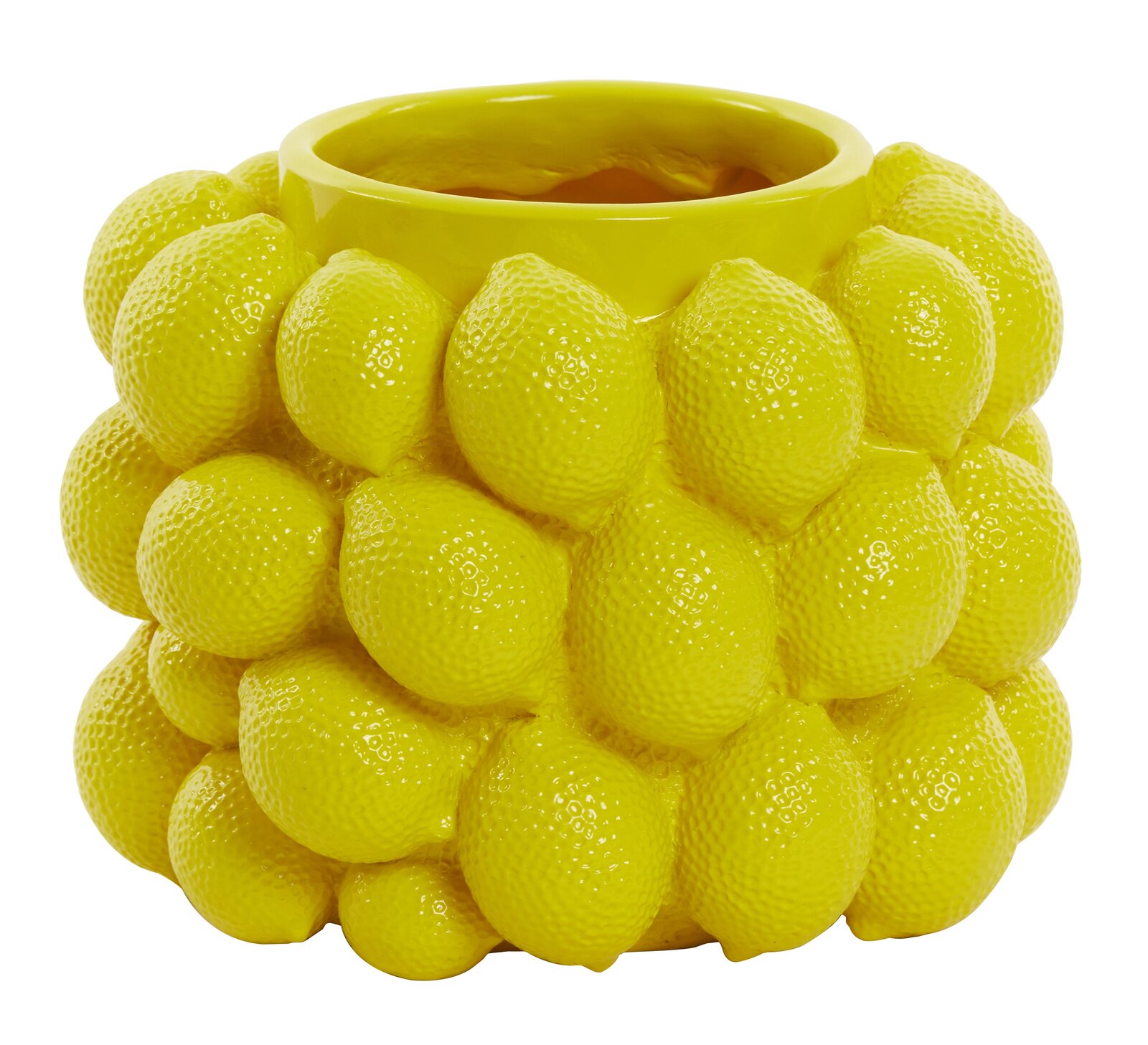 Gelbe Vase mit Zitronenstruktur, seitliche Perspektive