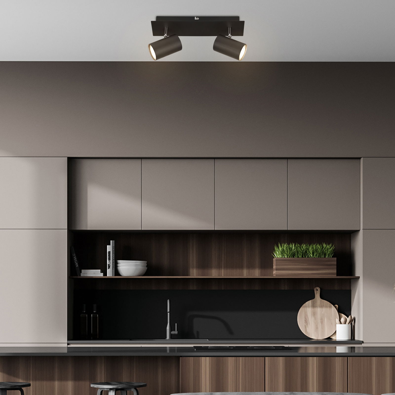 Moderne LED-Deckenleuchte mit zwei verstellbaren Spots in einer stilvollen Küche, Ansicht von unten.
